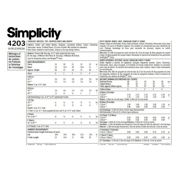 Simplicity Sewing Pattern 4203 Toddlers Dress Top Cropped Pants Shorts Sz 1/2-4 - Picture 2 of 2